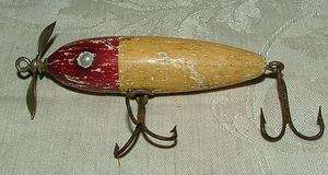 Old Wooden Fishing Lure Spinner Cream and Red Paint L@@K  