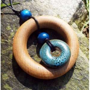   Blue   Nursing Necklace with Wood Ring and Porcelain Pendant Baby