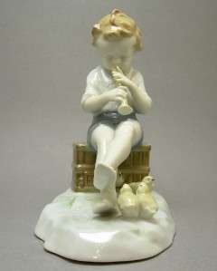 Vintage Metzler & Ortloff Boy With Horn Chicks Figurine  
