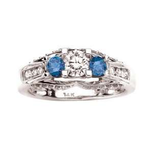  Round White and Blue Diamond Three Stone Ring in 14k White 