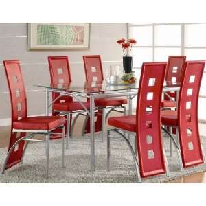  7pc Dining Set with Glass Top Metal legs Matte Silver 