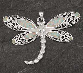 Sterling Silver White Opal Filigree Dragonfly Pendant !  