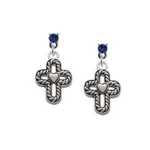  Cross with Rope Border and Heart Sapphire Swarovski Charm 