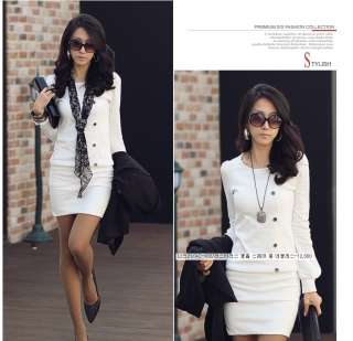   Long Puff Sleeve Unilateral Button Lady Dress White Black 6975#  