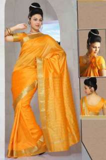 Pumpkin Art Silk Saree Sari fabric India Golden Border  
