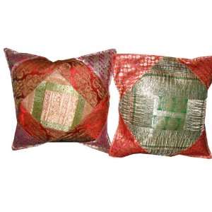  2 Hot Red Olive Zari Borders Toss Pillow Cushion Covers 16 