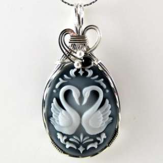 Romantic Swans Cameo Pendant Sterling Silver Onyx  