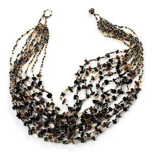   Glass & Semiprecious Bead Necklace (Black & Light Brown) Jewelry
