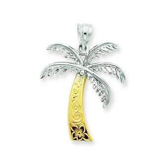 14k Yellow And White Gold Polished Palm Tree Pendant  