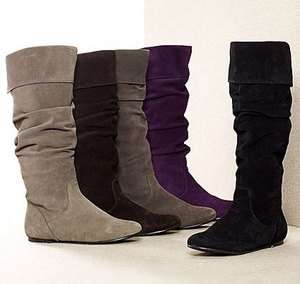 Women Flat Tall Causal Riding Slouch Faux Suede Knee High Cuff New 