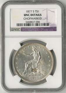 HJB 1877 S, Trade Dollar, NGC, UNC Details, Chopmarked.  
