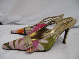 Dolce & Gabbana Quilted Floral Print Gold Leather Trim Slingback Heels 