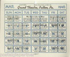 1946 GRAND THEATRE Patton PA March Schedule Hollywood  