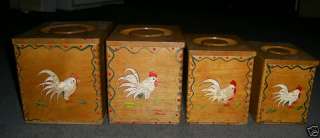 VINTAGE WOODPECKER WOOD WARE WHITE ROOSTER CANISTERS  