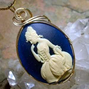Victorian Woman Blue Cameo Pendant Necklace in 14k Gold Filled  