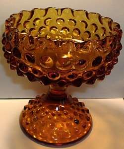 VTG AMBER HOBNAIL GLASS Compote / CANDY DISH  