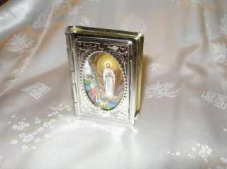 METAL BOOK ROSARY HOLDER   OUR LADY OF LOURDES  