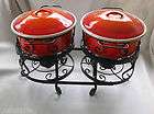   Fondue Set FLAME Red Enamel Pans Wrought Iron Stand Buffet Server