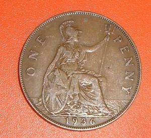   Pièce BRONZE one 1 penny 1936 Georges V Royaume Uni UK