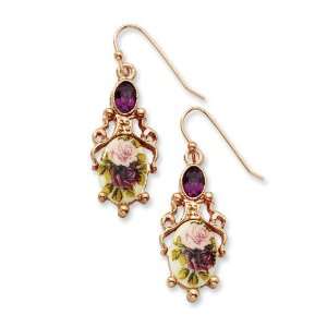 Rose tone Dark Purple Crystal/Floral Decal Drop Earrings Jewelry
