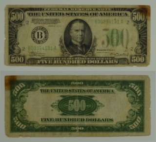 1934 A $500 FIVE HUNDRED DOLLAR FEDERAL RESERVE NOTE GREEN SEAL  