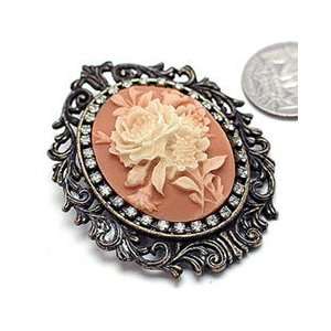   Peach Color Peony Flower Cameo Antique Silver Tone Brooch Pin Jewelry