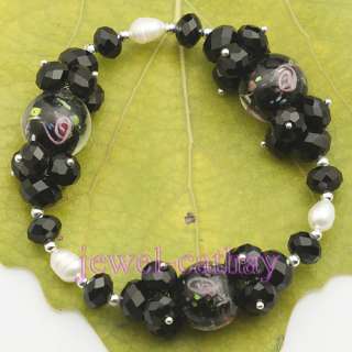   Black Faceted C rystal & Pearls & Glass Necklace Bracelet Earring
