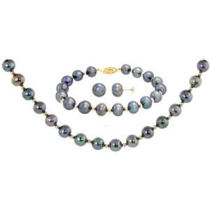 Cultured Black Pearl 18 in. Necklace, 7 in. Bracelet & Stud Earrings 