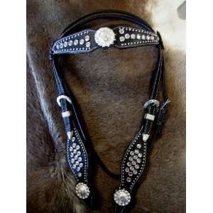    BRIDLE WESTERN LEATHER HEADSTALL BLACK CLEAR BLING 