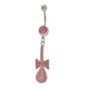    Dangler Bow Tie Belly Button Ring with Pink Jewels Jewelry