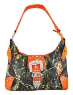  Rhinestone Buckle Studded Camo Handbag Orange Clothing