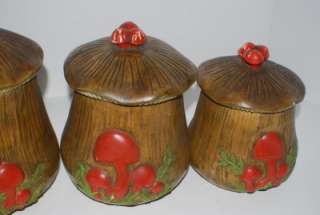 vintage 70s 1975 ceramic mushroom 4 pc kitchen canister set, hand 