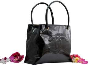 Vintage CHANEL black patent leather LARGE CC shopper hand bag tote 