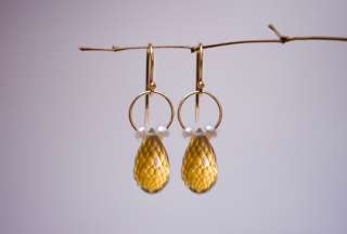   14k Golden Citrine and Seed Pearl  Corona  Drop Earrings  