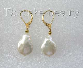   big 17mm baroque white freshwater pearls dangle earrings 14K  