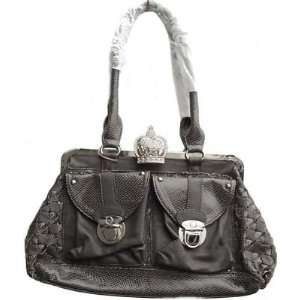   Rhinestone Clasp Croc Textured Woven Shoulder Handbag Purse in Pewter