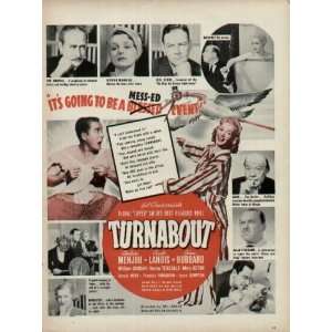 1940 Movie Ad, TURNABOUT, starring Adolphe Menjou, Carole Landis 