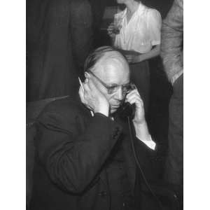 Senator Robert Taft, as He Listens over Phone to Election Returns and 