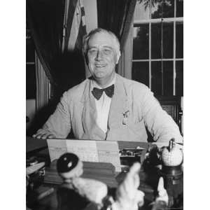  of President Franklin Roosevelt Alone, Smiling, at Desk in White 