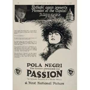  1923 Ad Pola Negri Passion First National Film Rothafel 