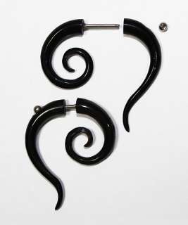   Handmade Bone Horn White Black Spiral Fake Gauge Earrings  