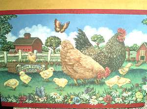 Wide Country Farm Scene Border with Chickens and Red Accents 
