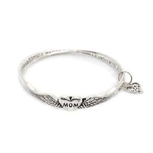  Engraved MOM Bangle Bracelet Silver Metal with Heart Charm 