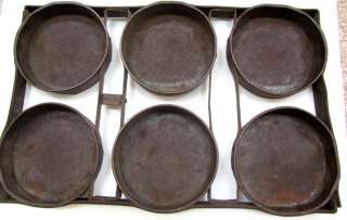 antique 6 CAST IRON maybe STEEL? CAKE PANS all attached primitive 