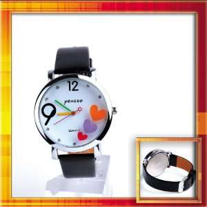    shaped Round Dial Wrist Watch Black Imitation Leather Strap W0333