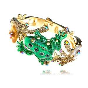  Topaz Crystal Rhinestone Bright Green Frog Toad Bracelet Bangle Cuff