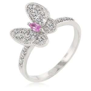  White Gold Rhodium Bonded Butterfly Ring with Clear and 