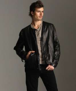 John Varvatos black lambskin leather limited edition collarless jacket