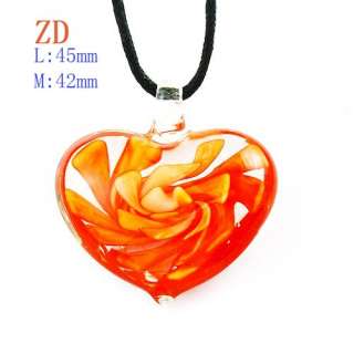   Red Multi Colors Flower Lampwork Glass Heart Pendant Necklace Fashion