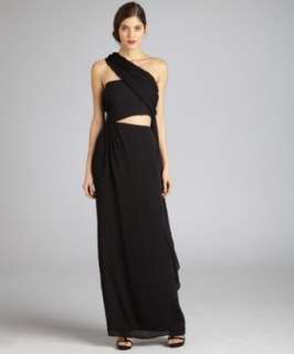 Halston Heritage black silk strapless sarong evening gown   up 